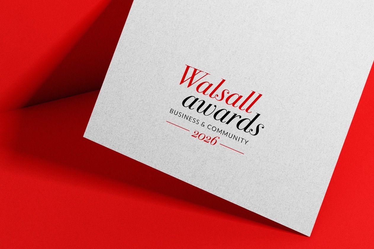 Walsall Awards 2026 invitation card resting on a red background