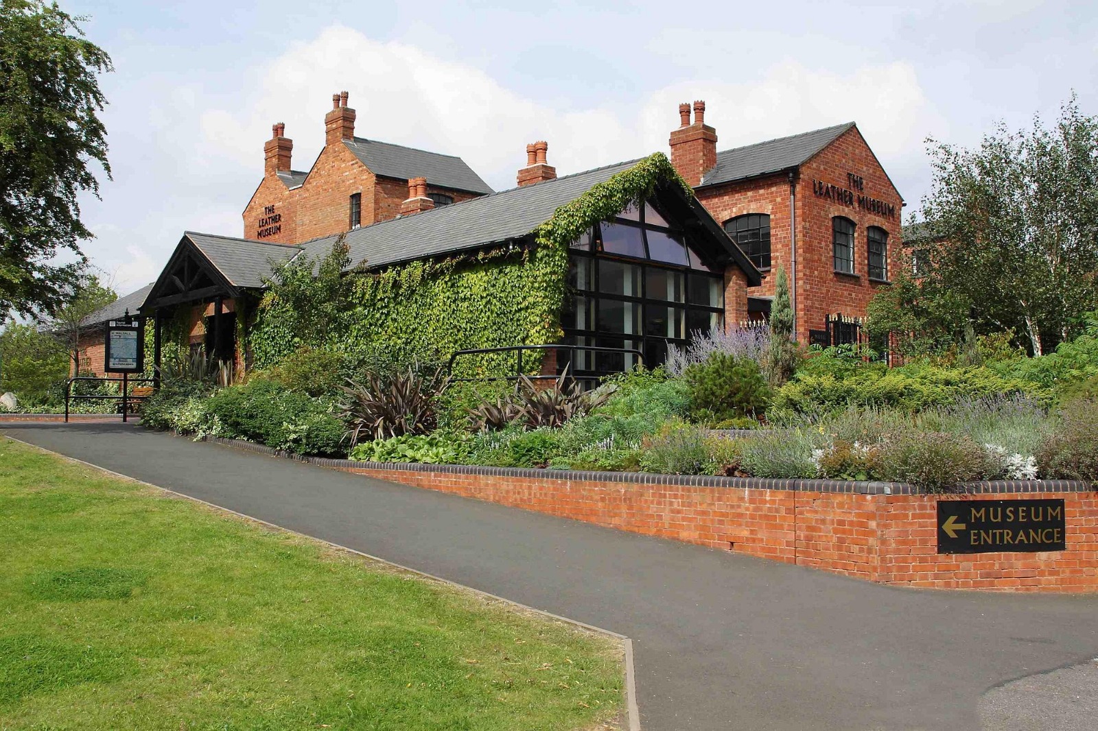 Walsall Leather Museum exterior with red brick and museum entrance sign